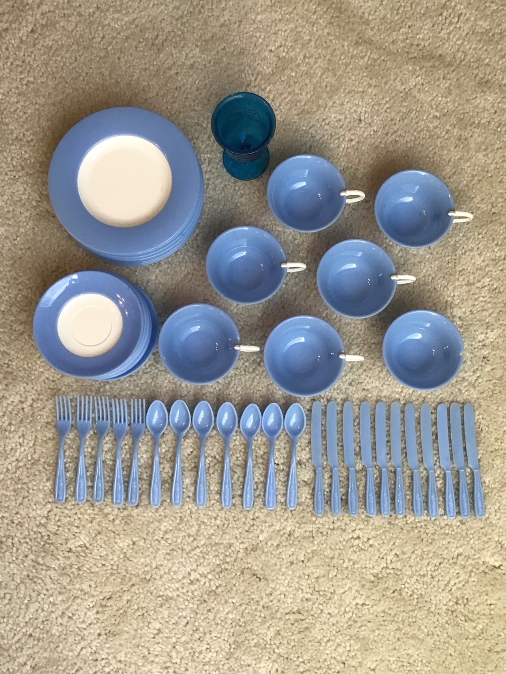 51 Piece Vintage Banner Toy Tableware Set with Flatware, Blue/White